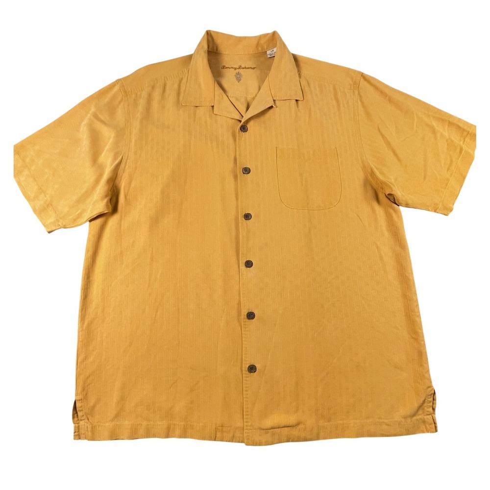 Tommy Bahama Button Up Men L Orange Silk Camp Shirt Textured Short Sleeve